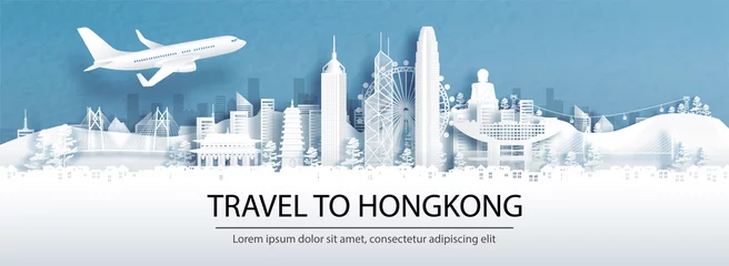 Foto op Plexiglas Travel advertising with travel to Hong Kong, China concept with panorama view of city skyline and world famous landmarks in paper cut style vector illustration. © ChonnieArtwork 