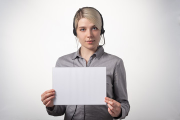 Woman working at call center calling with smile isolated over white background with large area for your text.