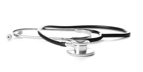 Modern stethoscope on white background