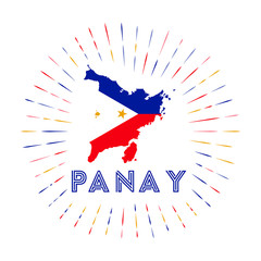 Panay sunburst badge. The island sign with map of Panay with Filipino flag. Colorful rays around the logo. Vector illustration.