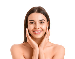 Beautiful young woman with healthy skin on white background