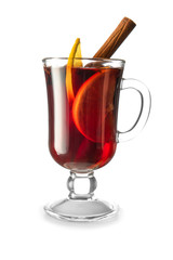 Glass cup of tasty mulled wine on white background