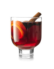 Glass of tasty mulled wine on white background