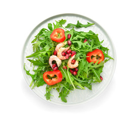 Plate with tasty salad on white background