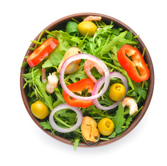 Plate with tasty salad on white background
