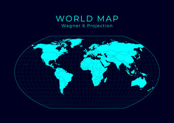 Map of the World. Wagner VI projection. Futuristic infographic world illustration. Bright cyan colors on dark background. Creative vector illustration.