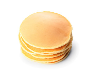 Stack of tasty pancakes on white background