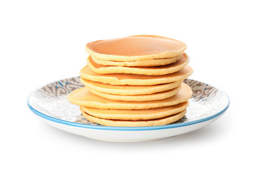 Plate with stack of tasty pancakes on white background