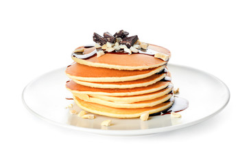 Plate with stack of tasty pancakes on white background