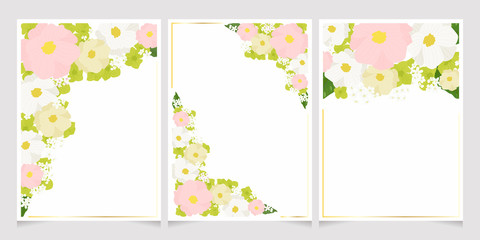 colorful pastel cosmos and green hydrangea flowers with golden frame on watercolor background 5x7 card template for wedding invitation, valentine, birthday or mother's day collection