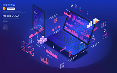 Isometric view of laptop with detailed timeline for the development of shared construction. Sets, charts and diagrams with online statistics of the construction market data