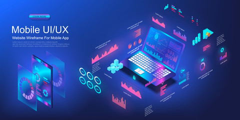 Laptop with business infographic in isometric view. Unique business diagram of financial statistics of business growth. Market of financial schemes and investments