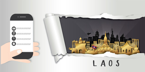 Travel Laos postcard, poster, tour advertising of world famous landmarks in paper cut style. Vectors illustrations
