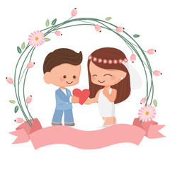 cute wedding couple in flower wreath flat style for valentine's day or wedding card eps10 vectors illustration