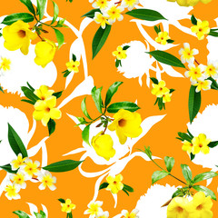 seamless floral pattern, yellow tropical flowers frangipani, plumeria, on a bright orange background. repeating summer print.