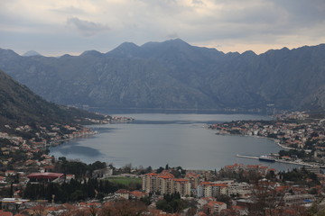 Fototapeta na wymiar City view in the mountains by the bay (Kotor Montenegro)