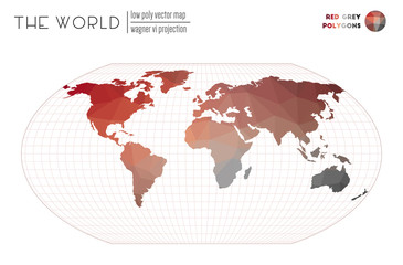 Low poly world map. Wagner VI projection of the world. Red Grey colored polygons. Trending vector illustration.