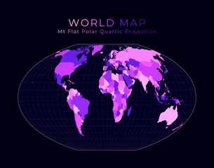 World Map. McBryde-Thomas flat-polar quartic pseudocylindrical equal-area projection. Digital world illustration. Bright pink neon colors on dark background. Beautiful vector illustration.
