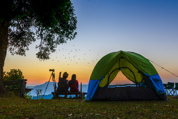 woman and man couple lover or traveller camping in campsite with freshly morning action exciting