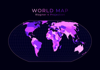 World Map. Wagner IV projection. Digital world illustration. Bright pink neon colors on dark background. Cool vector illustration.