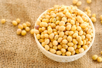 Soy bean in bowl with copy space.Close up soybean.beans dry in plate