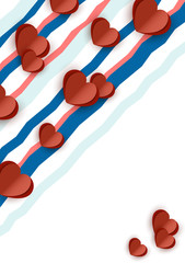 Bright abstract romantic design. Many cut out paper hearts, colored wavy stripes on a white background.