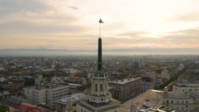 4K Bulgaria Flag at Sunrise Drone Sofia National Assembly Building Parliament