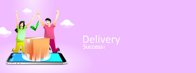 Online fast delivery services buy in E-commerce. Express delivery mobile concept by phone, Delivery package success sent to home. Vector illustration