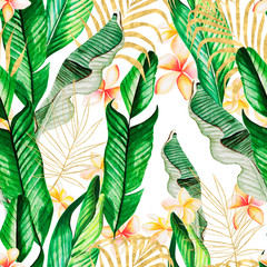 Beautiful watercolor seamless pattern with gold and green tropical leaves and plumeria flowers. 