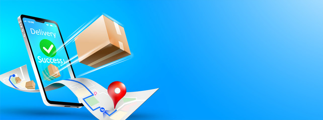 Online delivery phone concept. Fast respond delivery package shipping on mobile. Online order tracking with map. Vector illustration