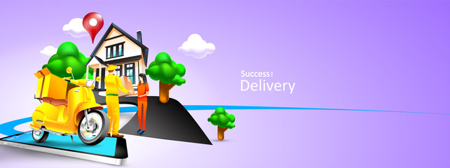 Fast delivery package by scooter on mobile phone. Order package in E-commerce by app. Courier send package by motorcycle. Three dimensional concept. Vector illustration