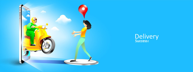 Fast delivery package by scooter on mobile phone. Order package in E-commerce by app. Courier send package by motorcycle. Three dimensional concept. Vector illustration