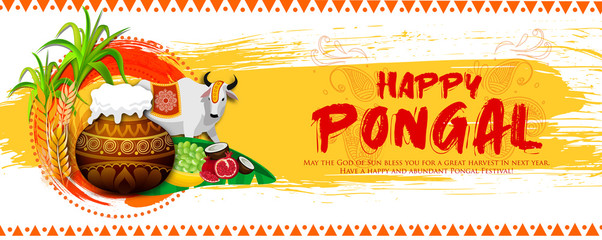 Illustration of Happy Pongal Holiday greeting Harvest Festival of South India with traditional pot and sugarcane on rangoli for religious festival background