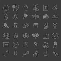 Set of vector line icons and symbols in flat design tennis with elements for mobile concepts and web apps. Collection of tennis stuff, ball, racket, equipment, court, medal, competition infographic.