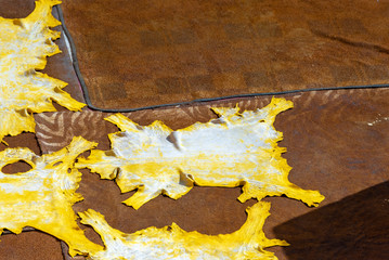 Leather dries in the sun after painting, tannery in the ancient Medina of Fes, Morocco.