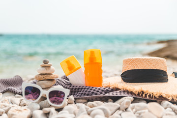 rocks in balance at sea beach copy space