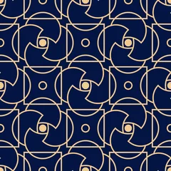 Fotobehang Donkerblauw Geometrische afdruk. Gouden patroon op donkerblauwe naadloze achtergrond