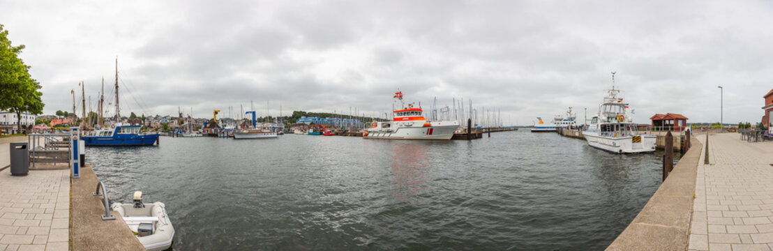 Panoramic picture of the harbor of the German village Laboe at the Baltic sea in summer