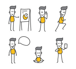 A hand-drawn doodle of a successful businessman teaching, meditating, playing sports and talking on the phone. Easy to use for your website, poster or presentation.