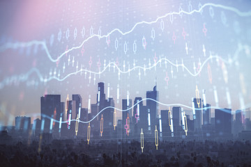 Forex chart on cityscape with skyscrapers wallpaper double exposure. Financial research concept.