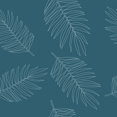 Palm leaves vector seamless pattern on blue background. Collection of tropical leaves, print for logo, clothes, cloth, textile, swimwear, fabric, fashion, paper. Cute and bright summer background.