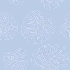 Monstera leaves vector seamless pattern on blue background. Collection of tropical leaves, print for logo, clothes,cloth,textile, swimwear, fabric, fashion, paper. Cute and bright summer background.
