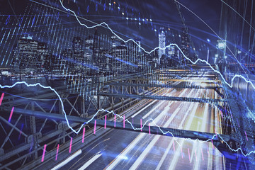 Obraz premium Forex chart on cityscape with tall buildings background multi exposure. Financial research concept.