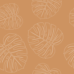 Monstera leaves vector seamless pattern on beige background. Collection of tropical leaves, print for logo, clothes,cloth,textile, swimwear, fabric, fashion, paper. Cute and bright summer background.