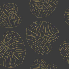 Monstera leaves vector seamless pattern on black background. Collection of tropical leaves, print for logo, clothes,cloth,textile, swimwear, fabric, fashion, paper. Cute and bright summer background.