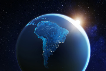 South America viewed from space with sunrise on planet Earth and stars, overview of Amazon river and forest, night lights from cities in Brazil, Argentina, Chile, Peru, map elements from NASA, 8k