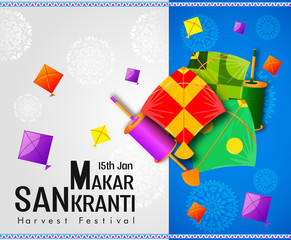 Abstract Illustration of Happy Makar Sankranti wallpaper with colorful kites for festival of India- vector background