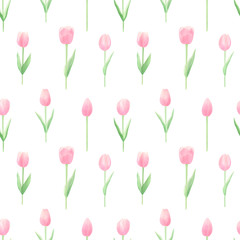 Spring flowers seamless pattern on white background. Hand drawn pink tulips watercolor background. Happy mothers day wrapping papper design.  Spring flowers background. Perfect for fabric, covers.