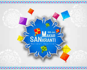 Abstract Illustration of Happy Makar Sankranti wallpaper with colorful kites for festival of India- vector background
