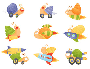 Fast Snails Vector Set. Funny Cartoon Mollusk Characters with Turbo Rocket Boosters